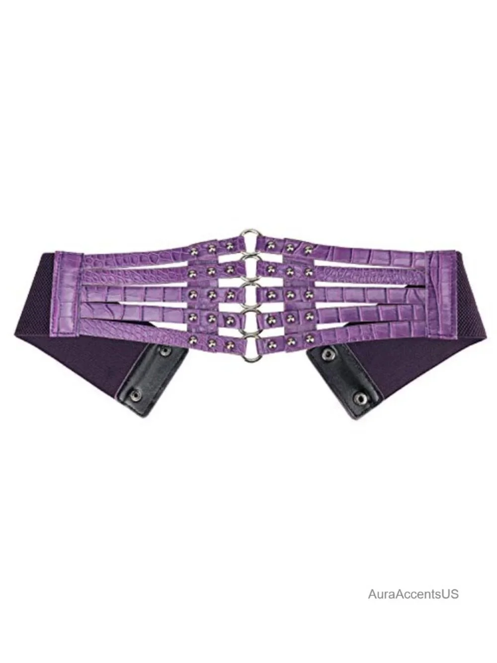 PU Leather Wide Waist Belt Hollow Out Rivets Stretch Cinch Waistband